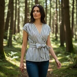 Max Studio Blouse Women's V-neck Sleeveless Olive Striped Belted Size Small NWT